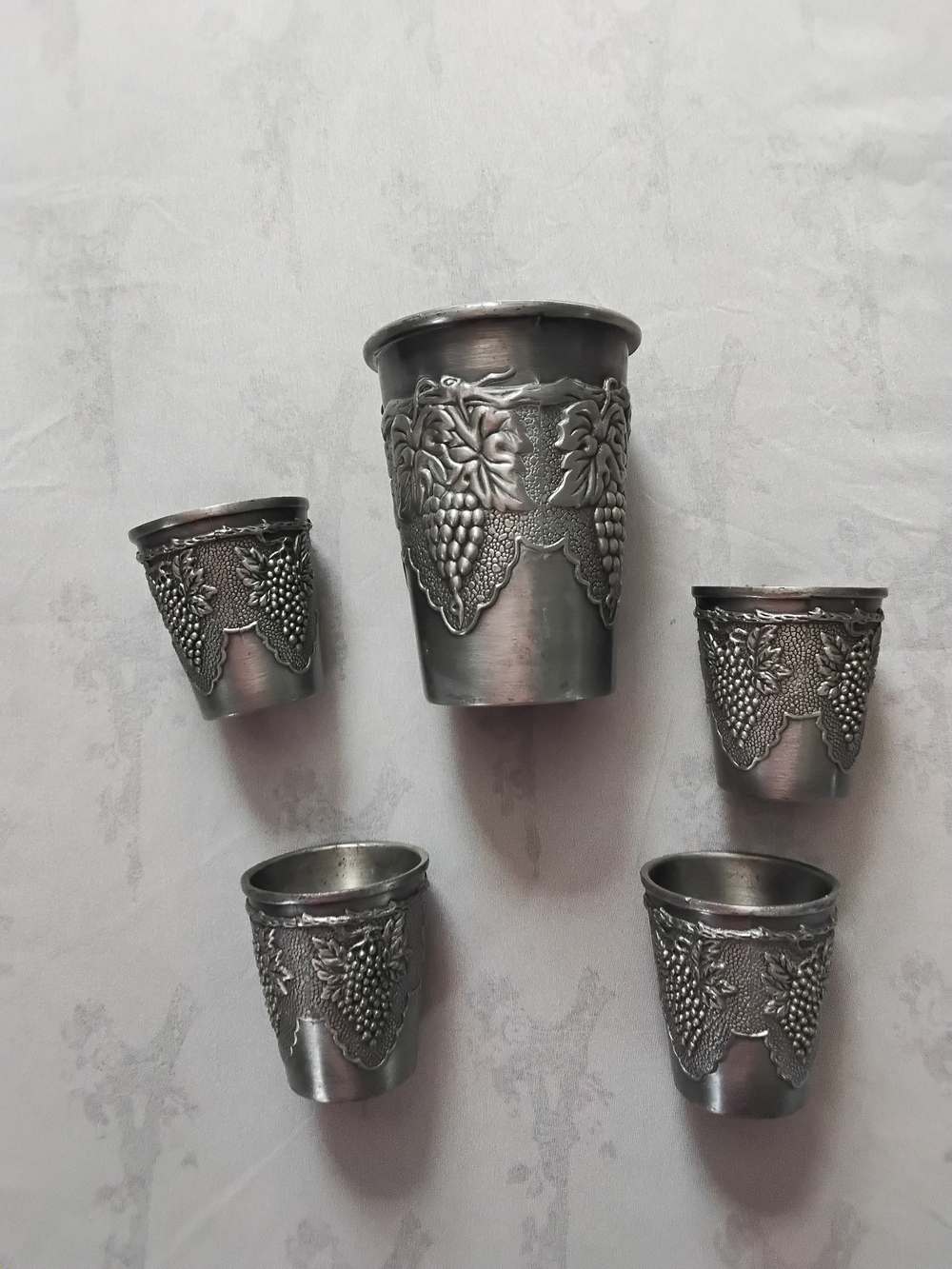Ornate Silver-Tone Grape Pattern Metal Cups - Set of 5